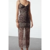 Fashion Style Fitted V Neck Midi Length Body-Smoothing Leopard Patterned Tulle Woven Dress