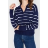 Womens Modern Style Comfortable Long Polo Neck Striped Sleeve Regular Knitwear Sweater