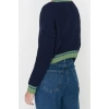 Womens Modern Style Casual Long V Neck Color Block Sleeve Crop Knit Sweater
