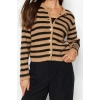 Womens Modern Style Casual Long Crew Neck Striped Sleeve Regular Knitwear Cardigan