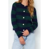 Womens Modern Style Casual Long Crew Neck Striped Sleeve Regular Knitwear Cardigan