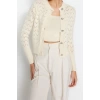 Womens Modern Style Casual Long Crew Neck Openwork Sleeve Regular Button Detailed Hole Blouse Cardigan Set