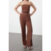 Kadın Moda Standart Kol Boru Paça Straplez Uzun Straplez Yaka Keten Görünümlü Maxi Dokuma Tulum