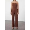 Kadın Moda Standart Kol Boru Paça Straplez Uzun Straplez Yaka Keten Görünümlü Maxi Dokuma Tulum