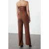 Kadın Moda Standart Kol Boru Paça Straplez Uzun Straplez Yaka Keten Görünümlü Maxi Dokuma Tulum