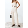 Kadın Moda Standart Kol Boru Paça Straplez Uzun Straplez Yaka Keten Görünümlü Maxi Dokuma Tulum