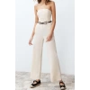 Kadın Moda Standart Kol Boru Paça Straplez Uzun Straplez Yaka Keten Görünümlü Maxi Dokuma Tulum