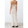 Kadın Moda Standart Kol Boru Paça Straplez Uzun Straplez Yaka Keten Görünümlü Maxi Dokuma Tulum