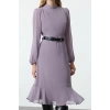 Fashion Style Regular Stand Collar Midi Length Plain Woven Winter Dress