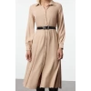 Fashion Style Regular Shirt Collar Midi Length Plain Belted Woven Shirt Dress Woven Dress