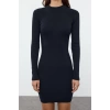 Moda Stil Slim Dik Yaka Mini Boy Vücuda Oturan Fitilli Esnek Örme Kalem Elbise