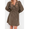 Fashion Style Regular V Neck Mini Length Collar Detailed Woven Dress