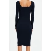 Moda Stil Slim Kare Yaka Midi Boy Vücuda Oturan Uzun Kollu Fitilli Esnek Örme Elbise