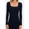 Moda Stil Slim Kare Yaka Midi Boy Vücuda Oturan Uzun Kollu Fitilli Esnek Örme Elbise