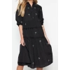 Moda Stil Regular Gömlek Yaka Midi Boy Açık Düz Kesim Nakışlı Dokuma Elbise