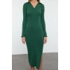 Fashion Style Slim Polo Collar Midi Length Fake Knitwear Body-Fitting Elastic Knitted Pencil Dress