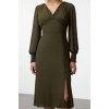 Fashion Style Regular V Neck Midi Length Plain Woven Dress