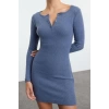 Moda Stil Slim Düğmeli Yaka Mini Boy Çıtçıt Detaylı Vücuda Oturan Fitilli Esnek Örme Kalem Elbise