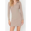 Moda Stil Slim Polo Yaka Mini Boy Vücuda Oturan Fitilli Esnek Örme Elbise