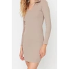 Moda Stil Slim Polo Yaka Mini Boy Vücuda Oturan Fitilli Esnek Örme Elbise