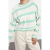 Style Modern Women Crop Low Sleeve Crew Neck Striped Knit Sweater