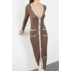 Moda Stil Regular V Yaka Maxi Boy Triko Renk Bloklu Elbise