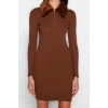 Fashion Style Slim Polo Collar Mini Length Knitted Faux Fur Detail Dress