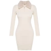 Fashion Style Slim Polo Collar Mini Length Knitted Faux Fur Detail Dress