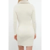 Fashion Style Slim Polo Collar Mini Length Knitted Faux Fur Detail Dress