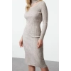 Moda Stil Slim Dik Yaka Midi Boy Triko Cut Out Pencere Detaylı Elbise