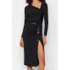 Moda Stil Slim Asimetrik Yaka Midi Boy Yırtmaçlı Örme Elbise