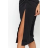 Moda Stil Slim Asimetrik Yaka Midi Boy Yırtmaçlı Örme Elbise