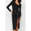 Moda Stil Slim Asimetrik Yaka Midi Boy Yırtmaçlı Örme Elbise