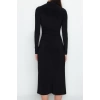 Moda Stil Slim Dik Yaka Midi Boy Düz Drape Detaylı A-Line Esnek Örme Örme Elbise