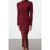 Moda Stil Slim Dik Yaka Midi Boy Düz Drape Detaylı Yırtmaçlı Fitted Vücuda Oturan Esnek Örme Elbise