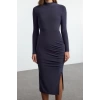 Moda Stil Slim Dik Yaka Midi Boy Düz Drape Detaylı Yırtmaçlı Fitted Vücuda Oturan Esnek Örme Elbise
