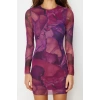 Fashion Style Slim Crew Neck Mini Length Printed Tulle Fitted Body-Smoothing Flexible Knitted Dress