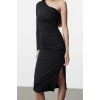 Moda Stil Slim Asimetrik Yaka Midi Boy Tek Kol Büzgülü Vücuda Oturan Örme Elbise