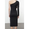 Moda Stil Slim Asimetrik Yaka Midi Boy Tek Kol Büzgülü Vücuda Oturan Örme Elbise