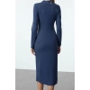 Moda Slim Dik Yaka Midi Boy Fitilli Derin Yırtmaç Detaylı Fitted Vücuda Oturan Esnek Örme Elbise