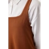 Moda Stil Relaxed Kare Yaka Mini Boy Açık kahverengi Jile Skater Belden Açılan Örme Elbise