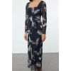 Moda Stil Slim Kare Yaka Midi Boy Tül Çiçekli Vücuda Oturan Esnek Örme Kalem Elbise