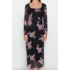 Moda Stil Slim Kare Yaka Midi Boy Tül Çiçekli Vücuda Oturan Esnek Örme Kalem Elbise