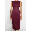 Moda Stil Fitted Bisiklet Yaka Midi Boy Düz Dokuma Elbise