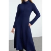 Moda Regular Dik Yaka Midi Boy Karyoka Dikişli A Kesim Çan Form Selanik Triko Görünümlü Örme Elbise