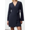 Moda Stil Regular Kruvaze Mini Boy Çizgili Dokuma Elbise