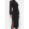 Moda Stil Regular Dik Yaka Midi Boy Kol Detaylı Dokuma Elbise