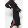 Moda Stil Regular Dik Yaka Midi Boy Kol Detaylı Dokuma Elbise