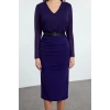 Moda Stil Regular V Yaka Midi Boy Düz Dokuma Elbise