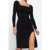 Moda Stil Slim Kare Yaka Midi Boy Büzgülü Vücuda Oturan Esnek Örme Elbise